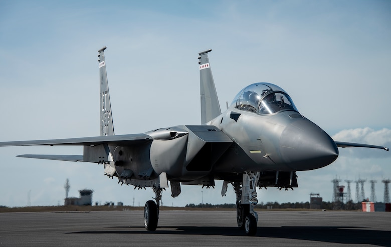 The F-15EX, the Air Force's newest fighter aircraft, arrives at Eglin Air Force Base, Fla., March 11, 2021. The aircraft will be the first Air Force aircraft to be tested and fielded from beginning to end through combined developmental and operational tests. The 40th Flight Test Squadron and the 85th Test and Evaluation Squadron personnel are responsible for testing the aircraft. (U.S. Air Force photo by Ilka Cole)