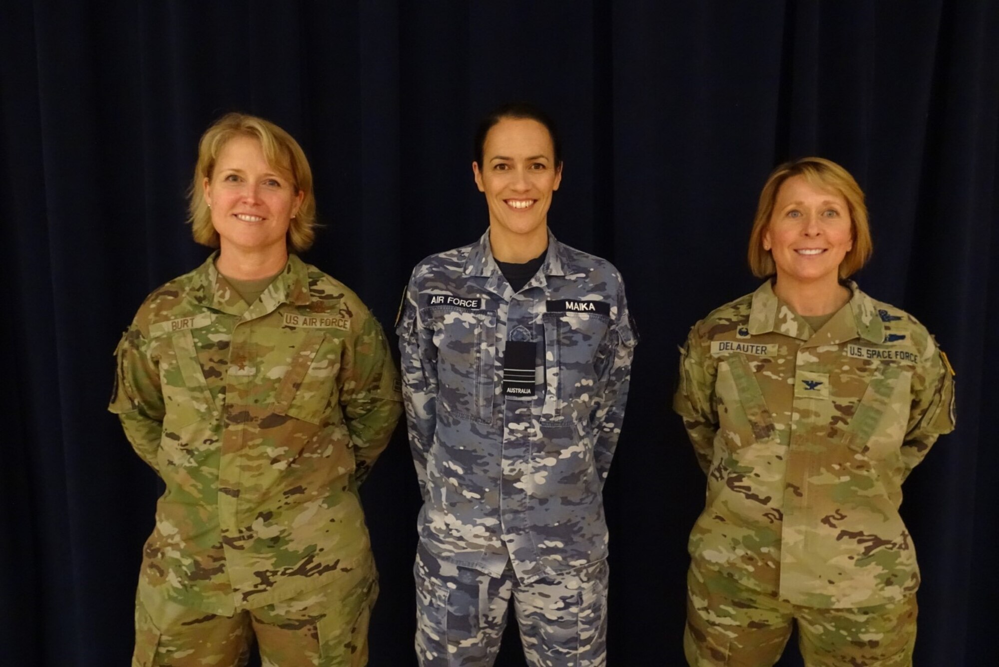 Group photo with Royal Australian Air Force Squadron Leader Jaimee Maika, chief of strategy at the Combined Space Operations Center, stands with Combined Force Space Component Command commander Maj. Gen. DeAnna Burt, and Space Delta 5 commander and CSpOC director Col. Monique DeLauter