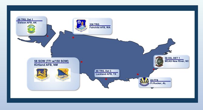 Graphic of a U.S. map that points out the various locations of 58th SOW training sites.