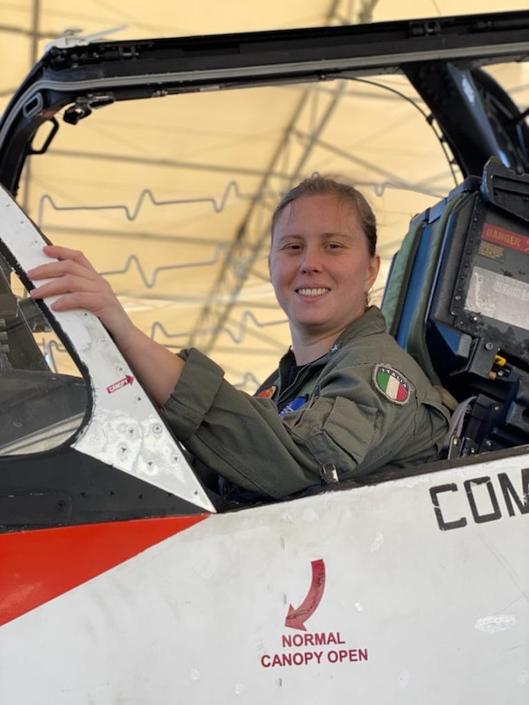 Italian navy Ensign Erika Raballo, a student naval aviator with the "Tigers" of Training Squadron (VT) 9, sits in a T-45C Goshawk jet trainer aircraft at Naval Air Station Meridian, June 2, 2020.