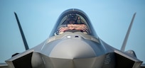 F-35 Lightning II Pilot Col. Nate Graber prepares for takeoff from Vermont Air National Guard Base in South Burlington, Vermont, May 22, 2020, as part of Operation America Strong, an Air Force effort to honor medical responders and essential workers. The Vermont ANG's 158th Fighter Wing Public Affairs Office received numerous awards from the National Guard Bureau for its work covering the wing's F-35 mission. (U.S. Air National Guard photo by Julie M. Shea)