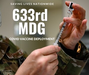 U.S. Air Force Master Sgt. Candy Taylor, 633 Medical Group medical technician, draws a dose of COVID-19 vaccine from a vial at Joint Base Langley Eustis, Virginia, January 8th, 2021. The graphic shows text stating the 633rd Medical Group has deployed in order to support the Federal Emergency Management Agency in rapidly executing the COVID-19 vaccine mission.