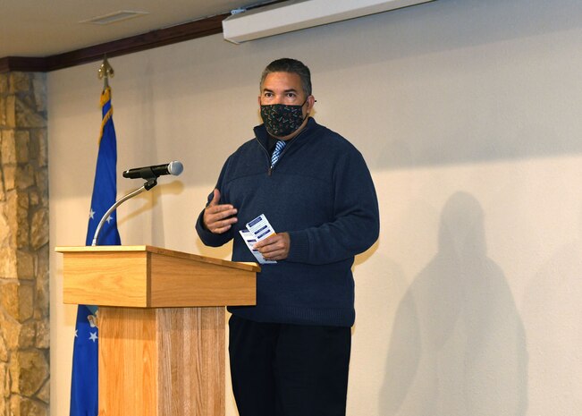Jerome Davis, 97th Force Support Squadron community readiness consultant, speaks during the kick-off breakfast for the 2021 Altus Air Force Base (AFB) Annual Air Force Assistance Fund (AFAF) Campaign at Club Altus at Altus AFB, Oklahoma, March 8, 2021. The AFAF is the official nonprofit charitable organization of the Air Force and raises money for the Air Force Aid Society, the Air Force Villages Charitable Foundation, the Air Force Enlisted Village, and the LeMay Foundation. (U.S. Air Force photo by Airman 1st Class Amanda Lovelace)