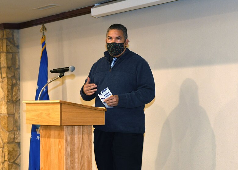 Jerome Davis, 97th Force Support Squadron community readiness consultant, speaks during the kick-off breakfast for the 2021 Altus Air Force Base (AFB) Annual Air Force Assistance Fund (AFAF) Campaign at Club Altus at Altus AFB, Oklahoma, March 8, 2021. The AFAF is the official nonprofit charitable organization of the Air Force and raises money for the Air Force Aid Society, the Air Force Villages Charitable Foundation, the Air Force Enlisted Village, and the LeMay Foundation. (U.S. Air Force photo by Airman 1st Class Amanda Lovelace)