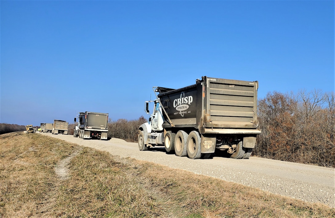 IN THE PHOTO, A Rock Construction works to resurface the levee crown near Phillips County, Arkansas. 2019 flood damage supplemental funds funded the project.