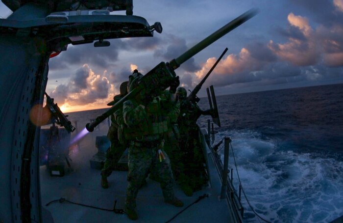Marines with 2nd Low Altitude Air Defense Battalion, 31st Marine Expeditionary Unit (MEU), fire a FIM-92 stinger missile from a Mark VI patrol boat during a live fire exercise in the Philippine Sea, Feb. 27, 2021.