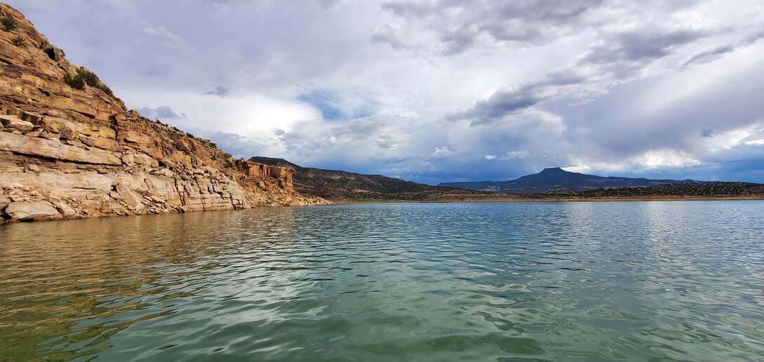 ABIQUIU LAKE, N.M. – Cerro Pedernal is seen in the background from the waters of the lake, May 31, 2020.