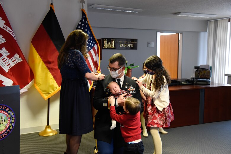 U.S. Army Corps of Engineers, Europe District Deputy Commander Lt. Col. Daniel J. Fox is pinned by his family during his promotion ceremony in Wiesbaden, Germany Feb. 26, 2021. (U.S. Army photo by Alfredo Barraza)