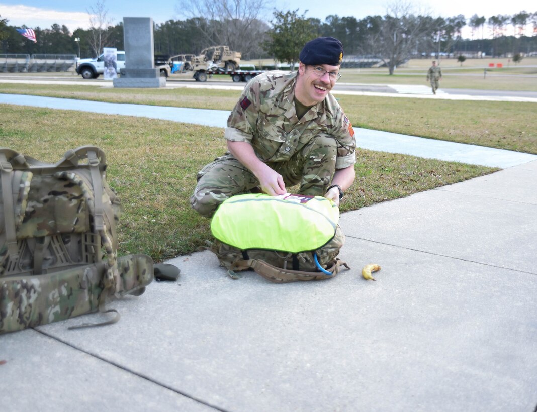 British Liaison to the U.S. Army Engineer Research and Development Center Maj. Peter Mackintosh prepares for the18.6-mile Norwegian Foot March at Camp Shelby Joint Forces Training Center, near Hattiesburg, Miss., March 6, 2021. Mackintosh and five additional ERDC Soldiers, including ERDC Commander Col. Teresa Schlosser, Lt. Col. Christian Patterson, Maj. Earl Dean, Capt. Patrick Border and Capt. Jeremiah Paterson, completed the event. (Photo by 2nd Lt. Michael Needham, U.S. Army National Guard)
