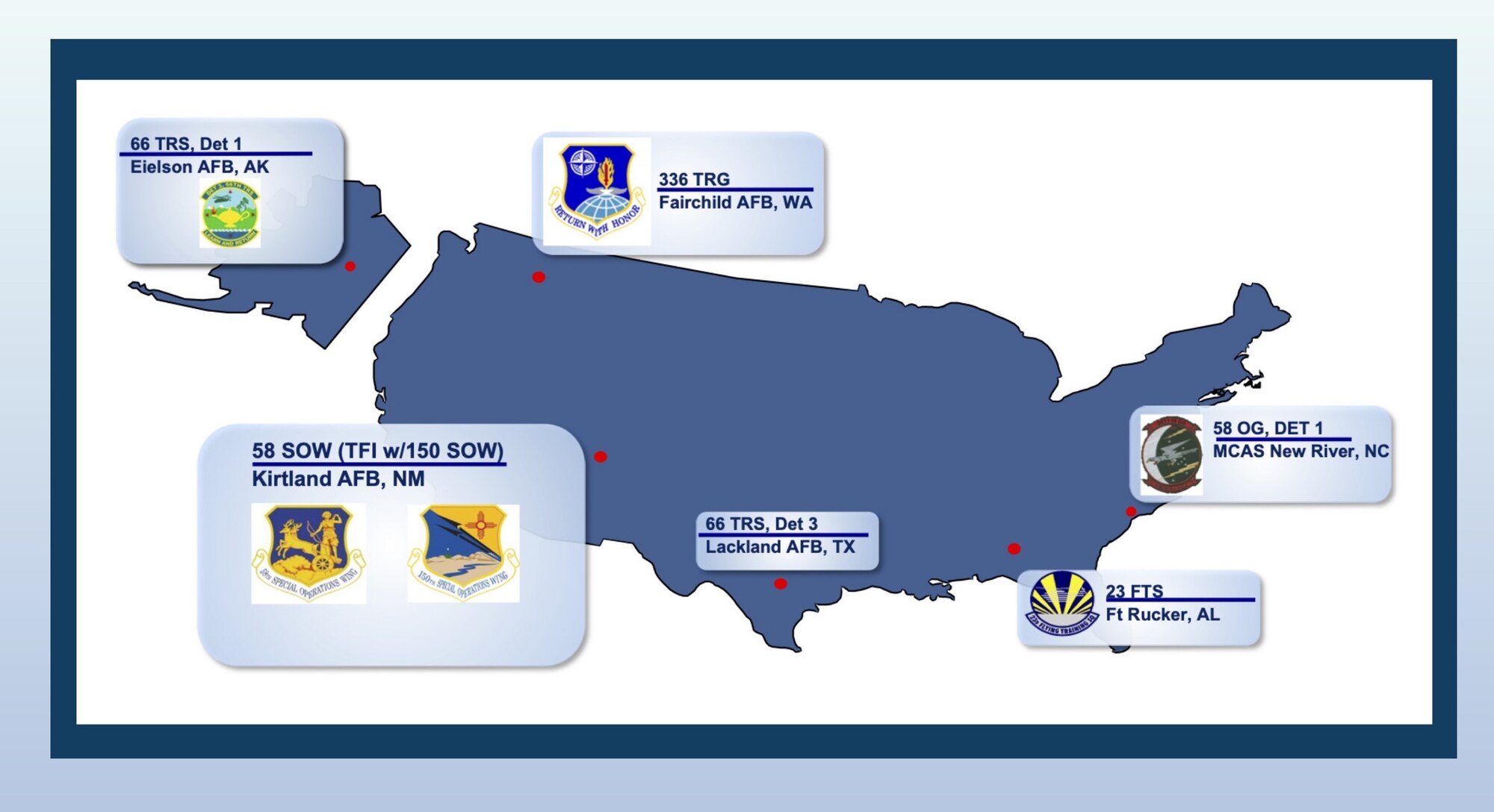 Graphic of a U.S. map that points out the various locations of 58th SOW training sites.