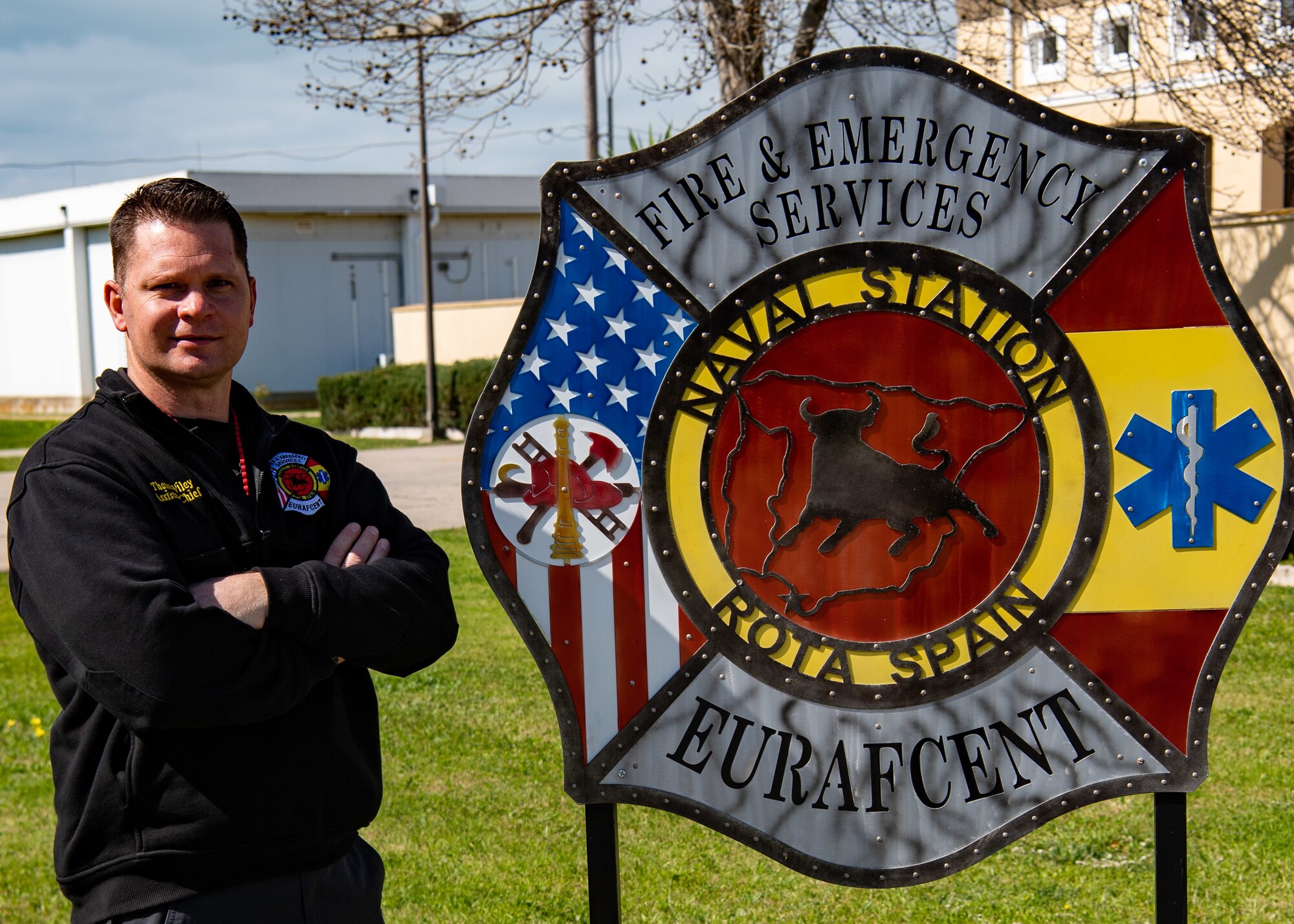 Assistant Chief of Training Thomas Wiley poses for a photo at the Naval Station Rota Fire and Emergency Services building on Naval Station Rota, Spain.