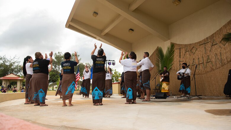 Local CHamoru dancers conduct a traditional blessing during the Tåotåo Guåhan event at Arc Light Memorial Park at Andersen Air Force Base, Guam, March 13, 2021. In honor of CHamoru Month, the Andersen AFB community hosted an event to celebrate the island’s indigenous culture and heritage with members of the base and local residents in attendance. (U.S. Air Force photo by Senior Airman Aubree Owens)