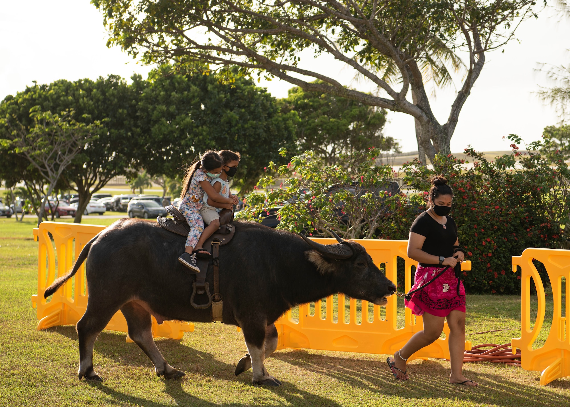 A guide leads a carabao ride for two children during the Tåotåo Guåhan event at Andersen Air Force Base, Guam, March 13, 2021. In honor of CHamoru Month, the Andersen AFB community hosted an event to celebrate the island’s indigenous culture and heritage with members of the base and local residents in attendance. (U.S. Air Force photo by Senior Airman Aubree Owens)