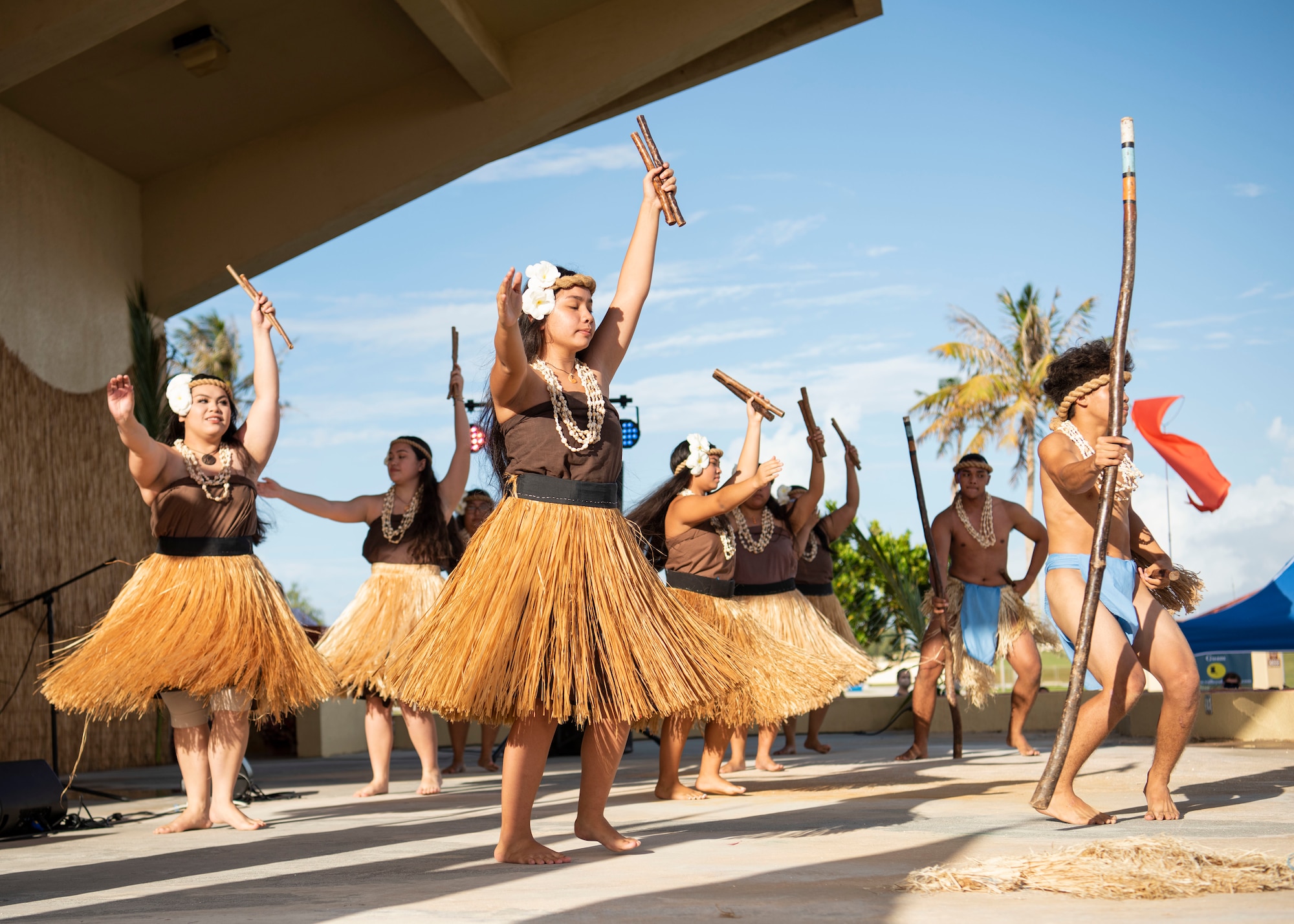 Local CHamoru dancers perform during the Tåotåo Guåhan event at Arc Light Memorial Park at Andersen Air Force Base, Guam, March 13, 2021. In honor of CHamoru Month, the Andersen AFB community hosted an event to celebrate the island’s indigenous culture and heritage with members of the base and local residents in attendance. (U.S. Air Force photo by Senior Airman Aubree Owens)