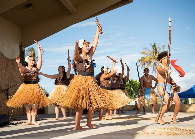 Local CHamoru dancers perform during the Tåotåo Guåhan event at Arc Light Memorial Park at Andersen Air Force Base, Guam, March 13, 2021. In honor of CHamoru Month, the Andersen AFB community hosted an event to celebrate the island’s indigenous culture and heritage with members of the base and local residents in attendance. (U.S. Air Force photo by Senior Airman Aubree Owens)