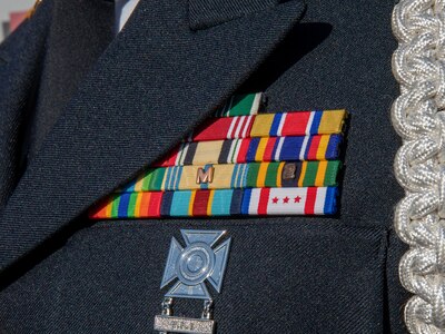 Military awards worn by a District of Columbia Army National Guard Soldier in Washington, D.C., March 10, 2021, include the D.C. National Guard Presidential Inauguration Support Ribbon on the bottom right. The ribbon is authorized for award to National Guard members from any state, territory or the District of Columbia who supported the 59th presidential inauguration on Title 32 orders.