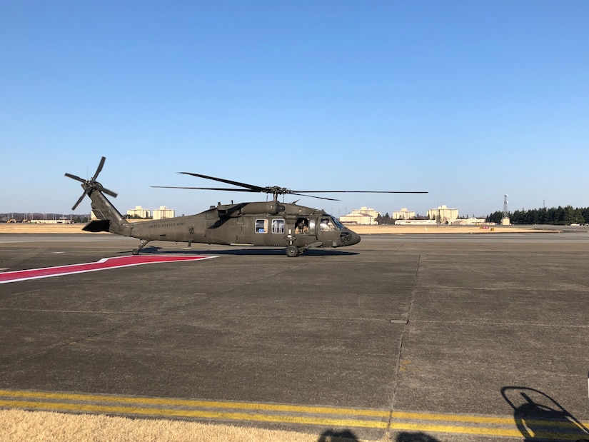 A Blackhawk helicopter takes off.