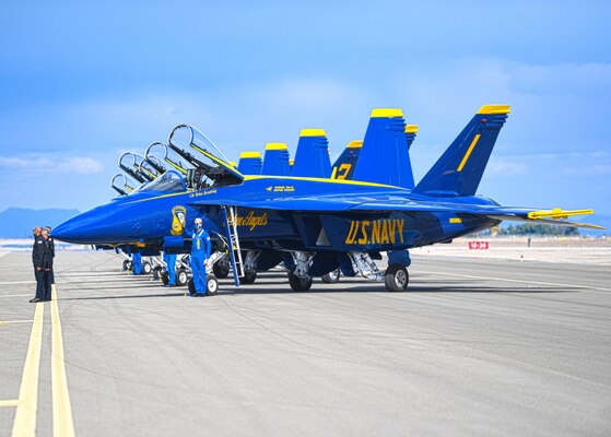 The U.S. Navy Flight Demonstration Squadron, the Blue Angels, complete their winter training at the conclusion of the Festival of Flight, at Naval Air Facility (NAF) El Centro, March 13, 2021. NAF El Centro supports combat training and readiness of the warfighter. This includes air operations support to operational fleet and training squadrons as well as squadrons from other services (Marine Corps, Army, Air Force) and international military partners. (U.S. Navy photo by Mass Communication Specialist 3rd Class Drew Verbis/Released)