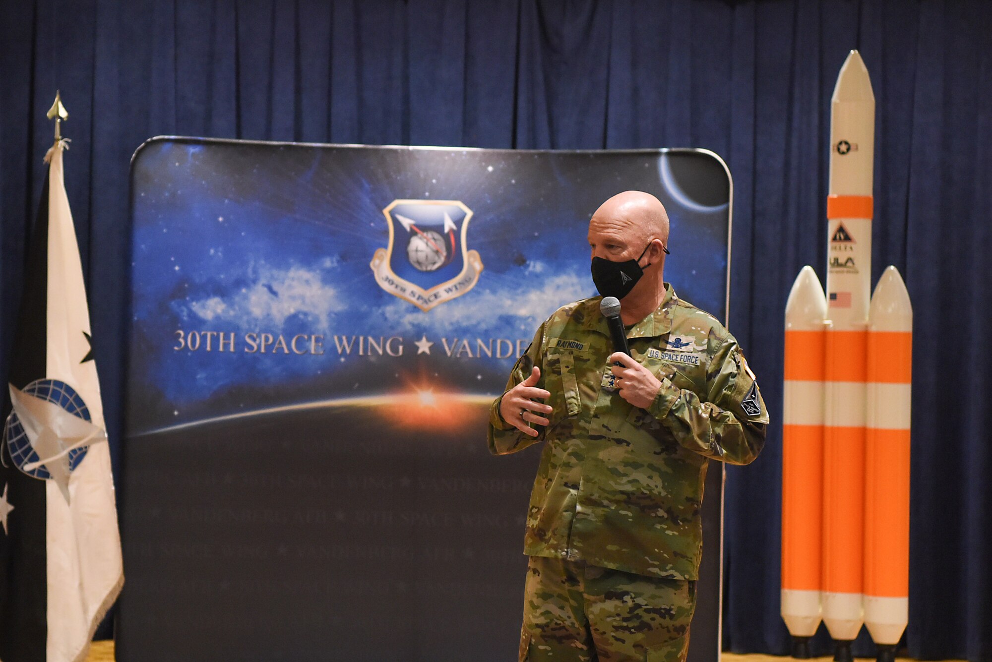 Gen. John W. “Jay” Raymond, U.S. Space Force Chief of Space Operations, speaks during a town hall March 11, 2021, at Vandenberg Air Force Base, Calif. During his visit, Raymond and Chief Master Sgt. of the Space Force Roger A. Towberman visited units for mission updates and held a town hall for Airmen and Guardians.  (U.S. Space Force photo by Senior Airman Hanah Abercrombie)
