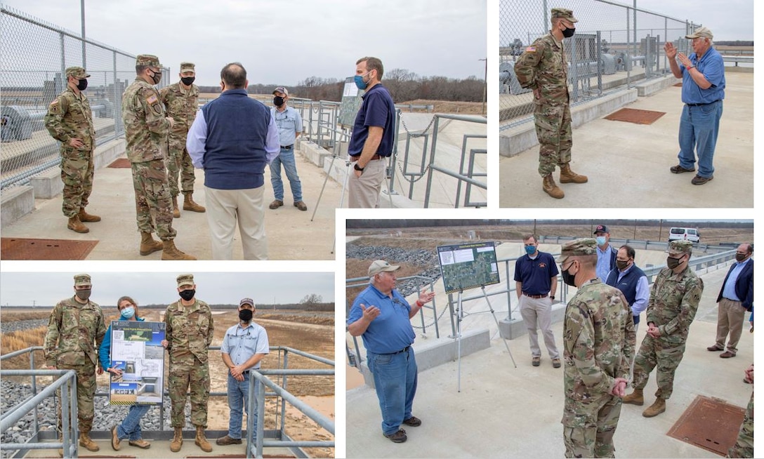 IN THE PHOTO, Memphis District Commander Col. Zachary Miller and other district leaders hosted the Senior Official Performing the Duties of the Assistant Secretary of Army (Civil Works), Mr. Vance Stewart, and USACE's Deputy Commanding General for Civil and Emergency Operations, Maj. Gen. William (Butch) H. Graham, on March 11, 2021. During his tour, Graham stopped by the Grand Prairie Project to learn more about conserving groundwater resources throughout the region and is briefed by subject matter experts on the project and what is needed to complete the project, preserve groundwater, and save life, land and agriculture for many more years to come. (USACE Photo by Vance Harris)