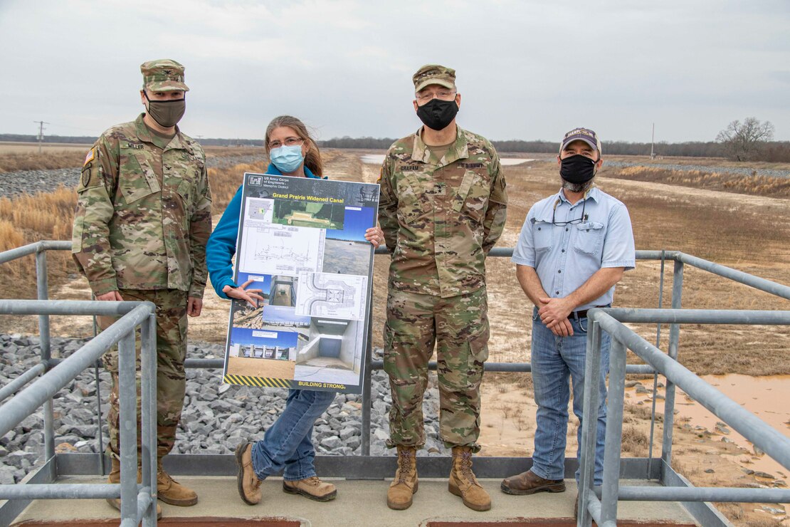 IN THE PHOTO, Memphis District Commander Col. Zachary Miller and other district leaders hosted the Senior Official Performing the Duties of the Assistant Secretary of Army (Civil Works), Mr. Vance Stewart, and USACE's Deputy Commanding General for Civil and Emergency Operations, Maj. Gen. William (Butch) H. Graham, on March 11, 2021. During his tour, Graham stopped by the Grand Prairie Project to learn more about conserving groundwater resources throughout the region and is briefed by subject matter experts on the project and what is needed to complete the project, preserve groundwater, and save life, land and agriculture for many more years to come. (USACE Photo by Vance Harris)