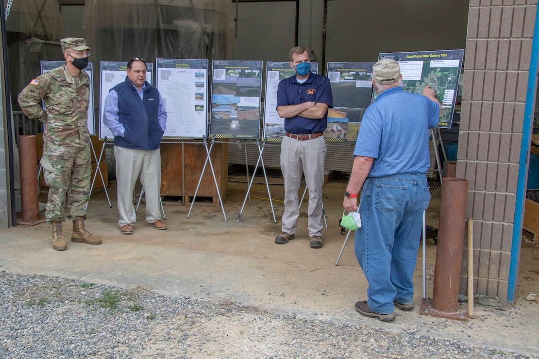 IN THE PHOTO, Memphis District Commander Col. Zachary Miller and other district leaders hosted the Senior Official Performing the Duties of the Assistant Secretary of Army (Civil Works), Mr. Vance Stewart, and USACE's Deputy Commanding General for Civil and Emergency Operations, Maj. Gen. William (Butch) H. Graham, on March 11, 2021. During his tour, Graham stopped by the Grand Prairie Project to learn more about conserving groundwater resources throughout the region and is briefed by subject matter experts on the project and what is needed to complete the project, preserve groundwater, and save life, land and agriculture for many more years to come. (USACE Photo by Vance Harris)