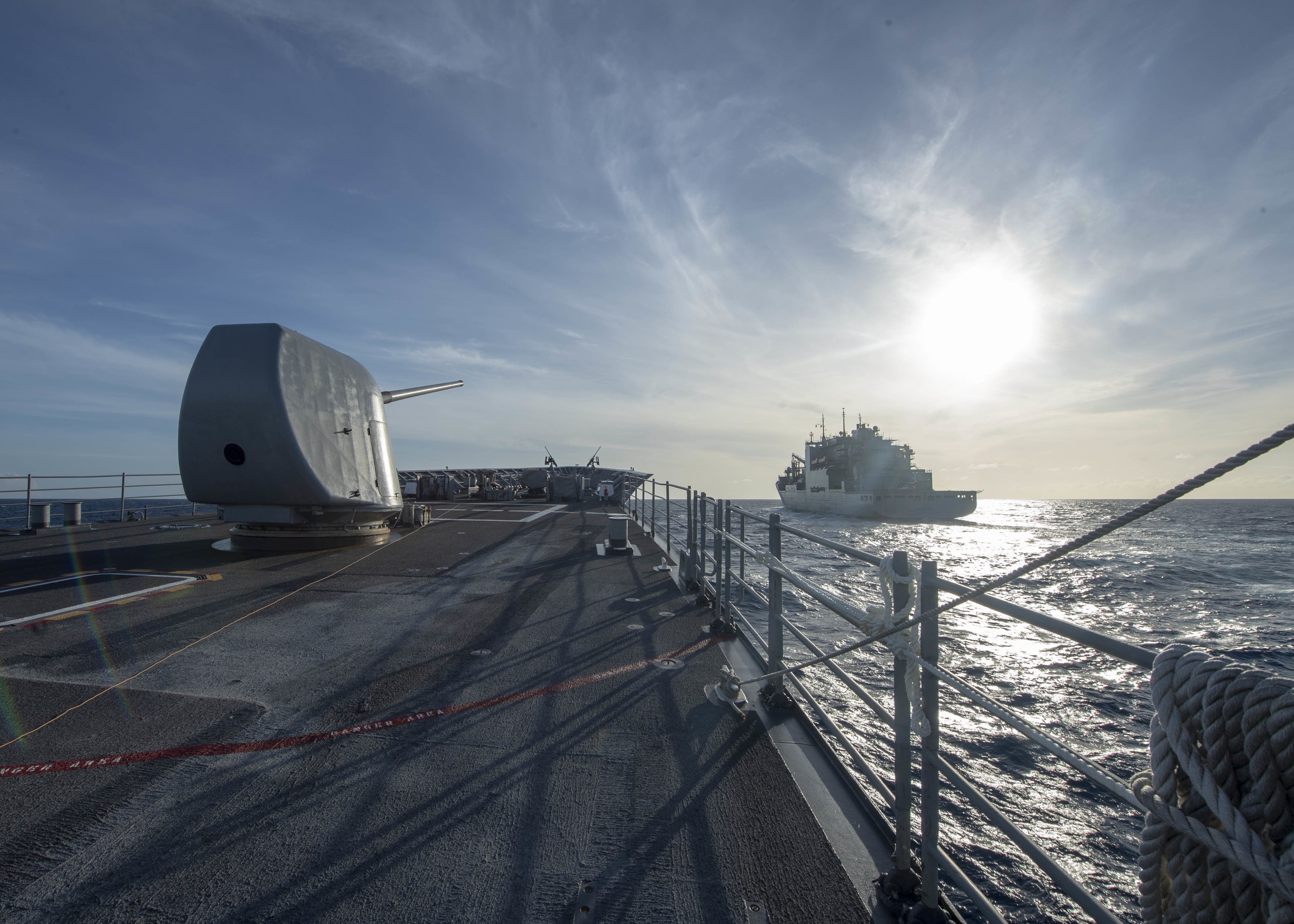 USS Bunker Hill (CG 52) prepares to replenish from USNS Charles Drew (T-AKE 10).