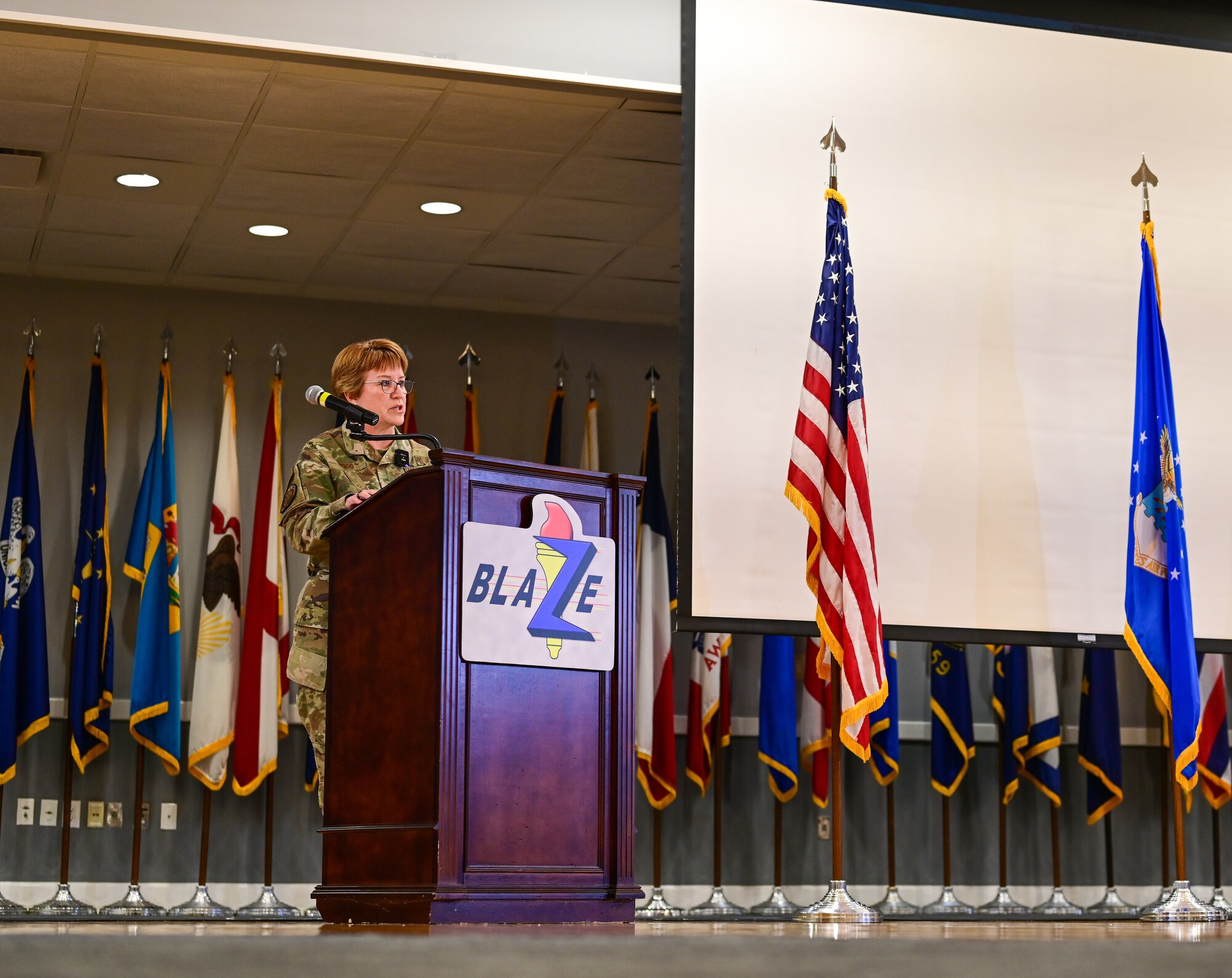 Lt. Gen. Dorothy Hogg, U.S. Air Force and Space Force surgeon general, speaks at the Women’s History Month luncheon, Mar. 12, 2021, hosted by Columbus Air Force Base, Miss. Hogg handles matters pertaining to the medical aspects of the air expeditionary force and the health of Airmen and Guardians utilizing resources worldwide for the Air Force Medical Service. (Air Force photo by Airman 1st Class Davis Donaldson)