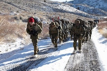 U.S. Marines with 2nd Maintenance Battalion hike to Grouse Meadows at the Marine Corps Mountain Warfare Training Center (MCMWTC) Bridgeport, California, during Mountain Training Exercise 2-21 Jan. 24, 2021. Marines and Sailors are training at the MCMWTC to prepare for the rigors of operating in harsh weather conditions, mountainous terrain, and increased elevation. (U.S. Marine Corps Photo by Cpl. Adaezia L. Chavez)
