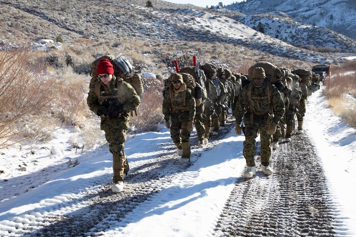 U.S. Marines with 2nd Maintenance Battalion hike to Grouse Meadows at the Marine Corps Mountain Warfare Training Center (MCMWTC) Bridgeport, California, during Mountain Training Exercise 2-21 Jan. 24, 2021. Marines and Sailors are training at the MCMWTC to prepare for the rigors of operating in harsh weather conditions, mountainous terrain, and increased elevation. (U.S. Marine Corps Photo by Cpl. Adaezia L. Chavez)