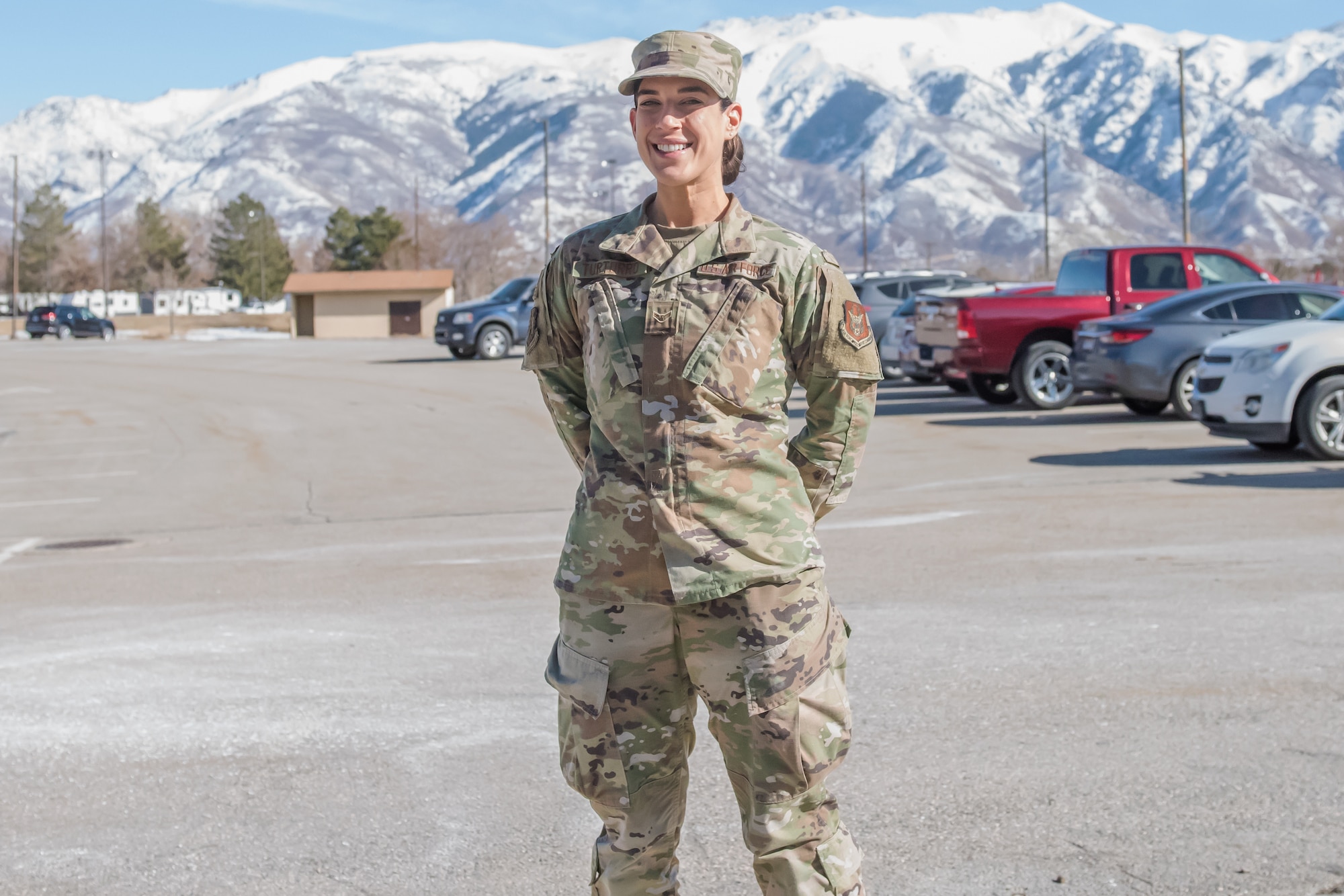 Airman 1st Class Kristie Turturro, medical administrator in the 419th Medical Squadron, poses in front of her office, Feb. 7, 2021, at Hill Air Force Base, Utah.