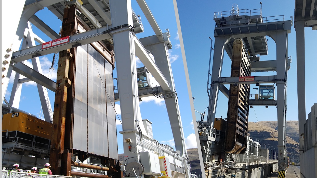 Many types of cranes are used at our hydropower facilities. These gantry cranes are used for the maintenance and movement of the turbine intake gates (right), fish screens (left) and bulkheads that are used during operation and maintenance of the turbine-generator systems.