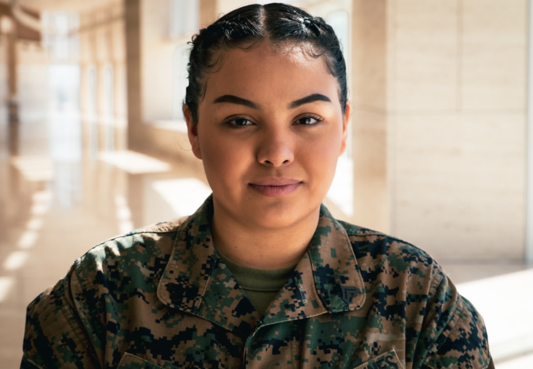 U.S. Marine Corps Cpl. Margarita G. Aguirre, an administrative clerk with Recruiting Station Orange County, poses for a photo on March 5, 2021 in Santa Ana, California.