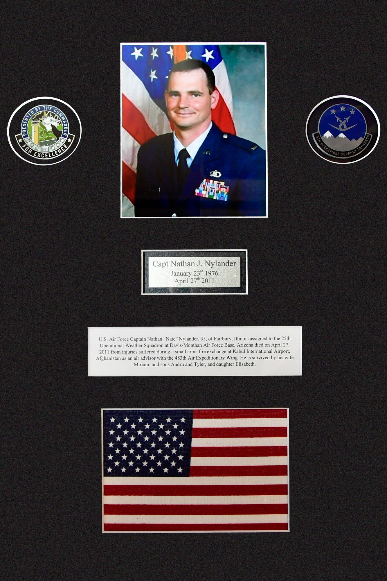 A memorial plaque for Capt. Nathan “Nate” Nylander March 3, 2021, Hill Air Force Base, Utah. The tribute to Nylander who lost his life in the service of our country while giving aid to fellow injured service members during the War in Afghanistan will be displayed in the 75th Operations Support Squadron Heritage Room. (U.S. Air Force photo by Todd Cromar)