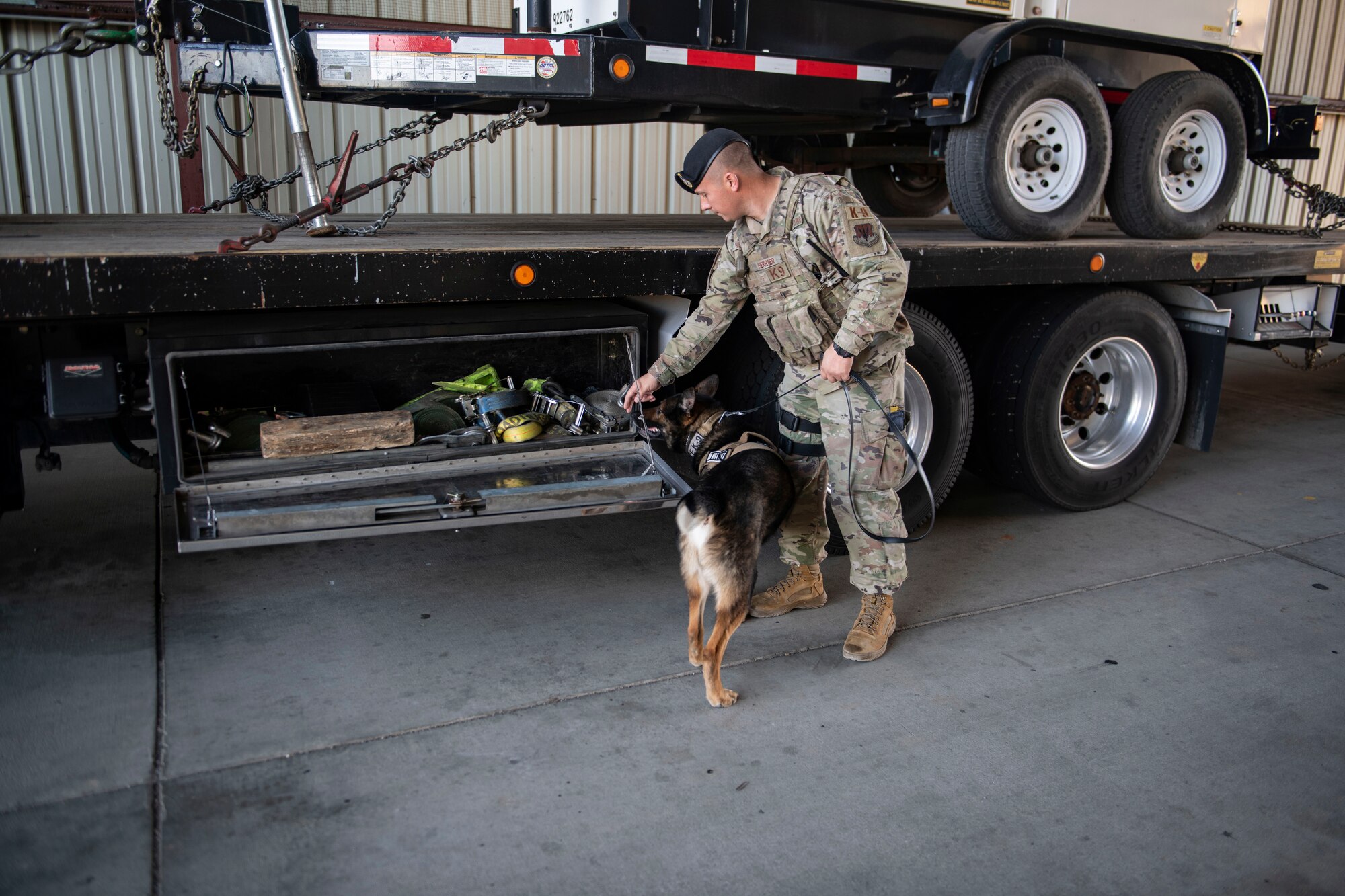 Staff Sgt. Jason Herrier, 9th Security Forces Squadron (SFS) military working dog (MWD) handler and Bady 2, 9th SFS MWD search commercial vehicles coming on Beale Air Force Base.