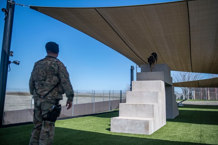 Staff Sgt. Jason Herrier, 9th Security Forces Squadron (SFS) military working dog (MWD) handler and Bady 2, 9th SFS MWD train together on Beale Air Force Base.