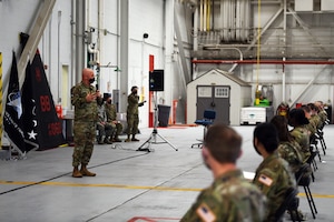 U.S. Space Force Gen. John W. “Jay” Raymond, Chief of Space Operations, talks to Airmen and Guardians during a town hall, March 11, 2021, at Beale Air Force Base, California. During the town hall, Raymond discussed the future of the U.S. Space Force, and answered questions that Airmen and Guardians had. (U.S. Air Force photo by Airman 1st Class Luis A. Ruiz Vazquez)