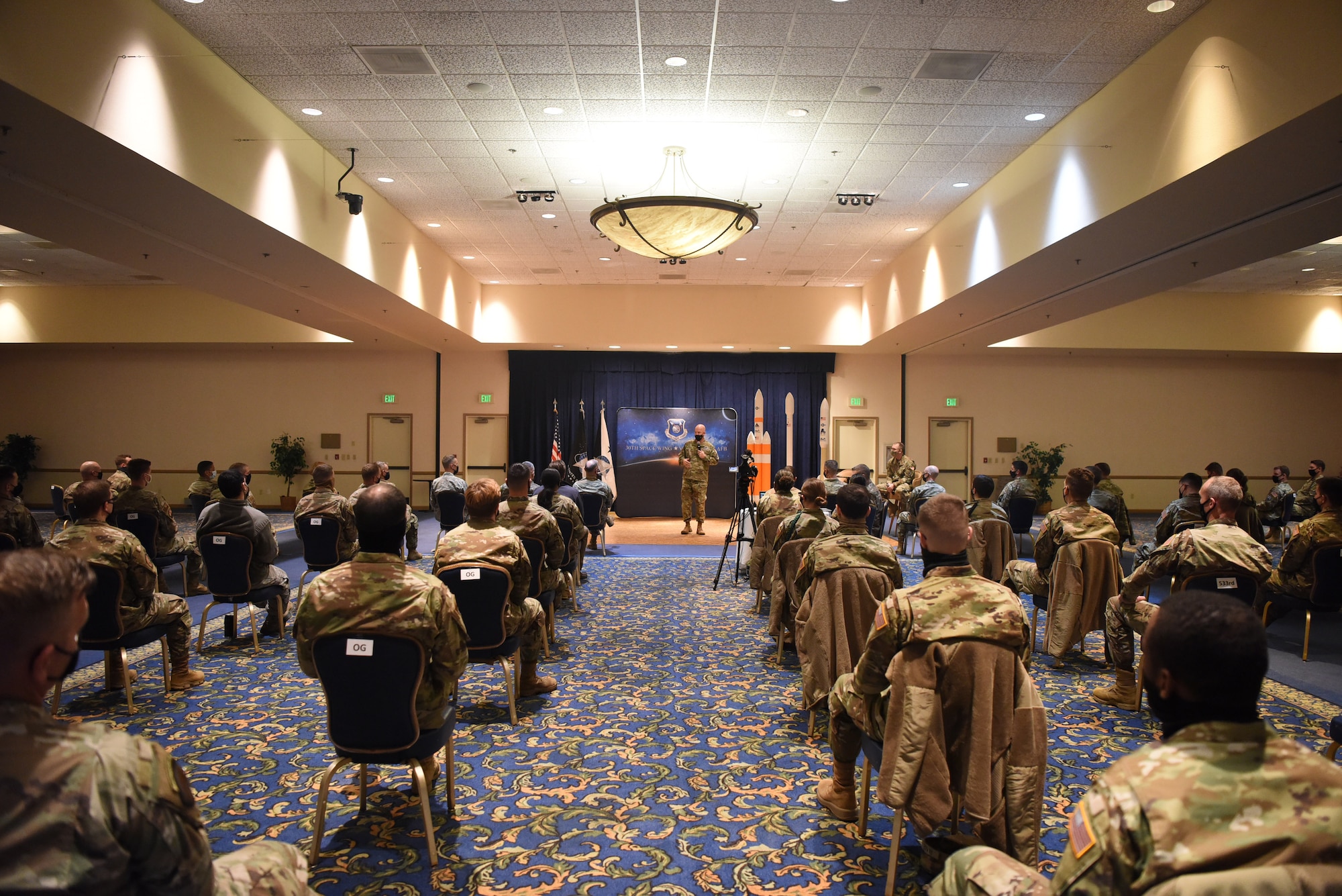 Gen. John W. “Jay” Raymond, U.S. Space Force Chief of Space Operations, and Chief Master Sgt. of the Space Force Roger A. Towberman speak with Guardians March 11, 2021, at Vandenberg Air Force Base, Calif. During their visit they received mission and base updates, hosted a town hall and met with the base’s first USSF Guardians to go through Space Training and Readiness Command-Delta’s revamped technical training. (U.S. Space Force photo by Senior Airman Hanah Abercrombie)