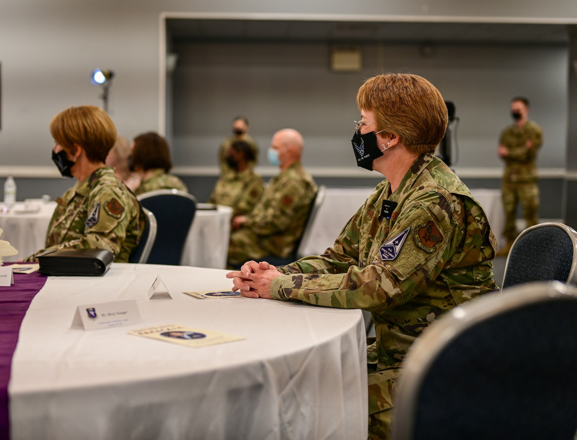 Lt. Gen. Dorothy Hogg, U.S. Air Force and Space Force surgeon general, attends the Women’s History Month luncheon, Mar. 12, 2021, hosted by Columbus Air Force Base, Miss. Members of Team Blaze as well as members of the local community gathered to hear Hogg speak about her experiences and ideals on women in the military. (Air Force photo by Airman 1st Class Davis Donaldson)