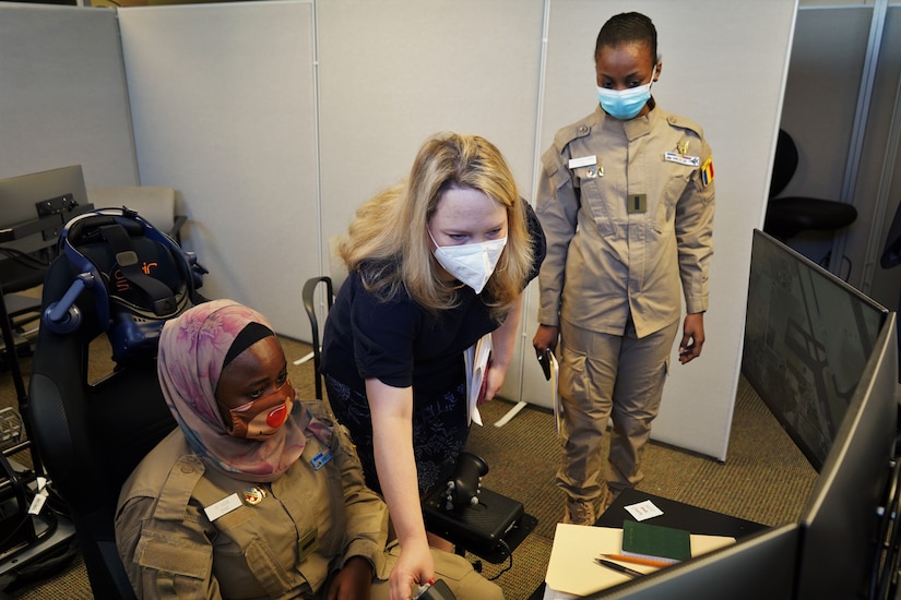 Three Chadian Air Force personnel are the first Defense Language Institute English Language Center students to take advantage of the newest curriculum at DLIELC. This curriculum, pairing the latest virtual reality and artificial intelligence technology, aims to familiarize international students with English communications during aviation scenarios.