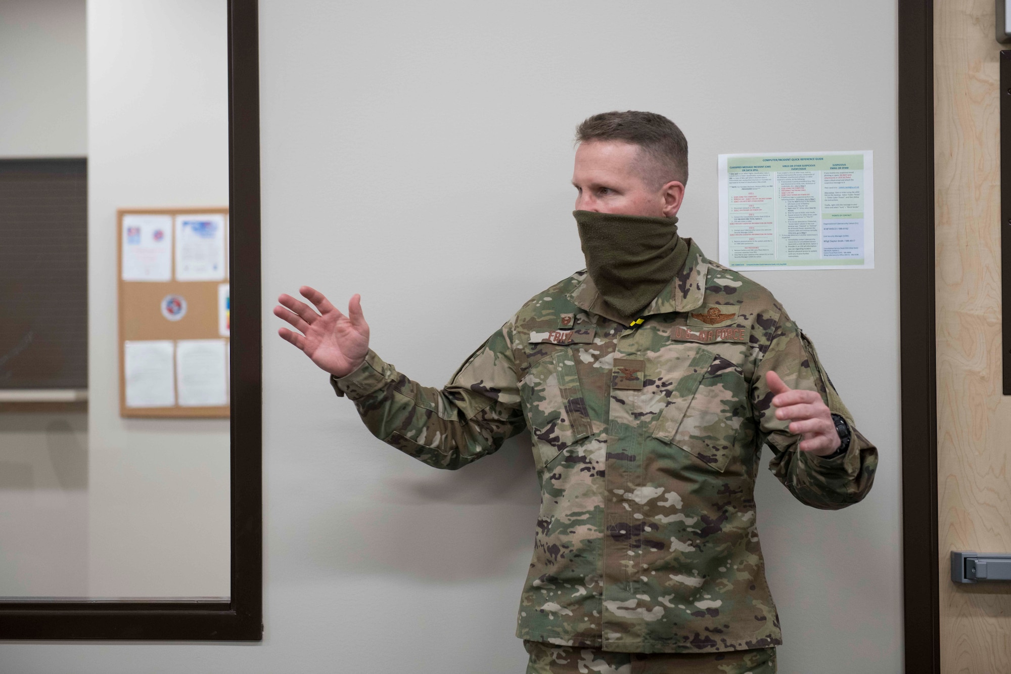 Col. Matthew Fritz, commander of the 419th Fighter Wing, addresses Airmen in the newly created deployment cell Mar. 6, 2021, at Hill Air Force Base, Utah.