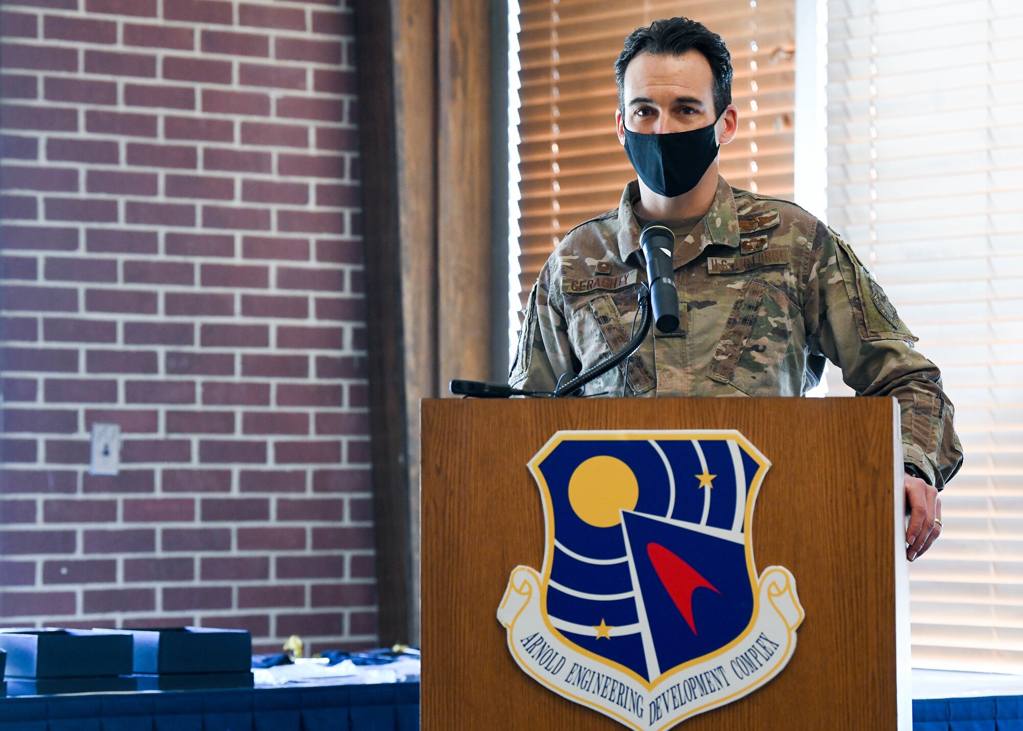 Arnold Engineering Development Complex Commander Col. Jeffrey Geraghty honors annual awards winners Feb. 24, 2021, at the Arnold Lakeside Complex at Arnold Air Force Base, Tenn. (U.S. Air Force photo by Jill Pickett)