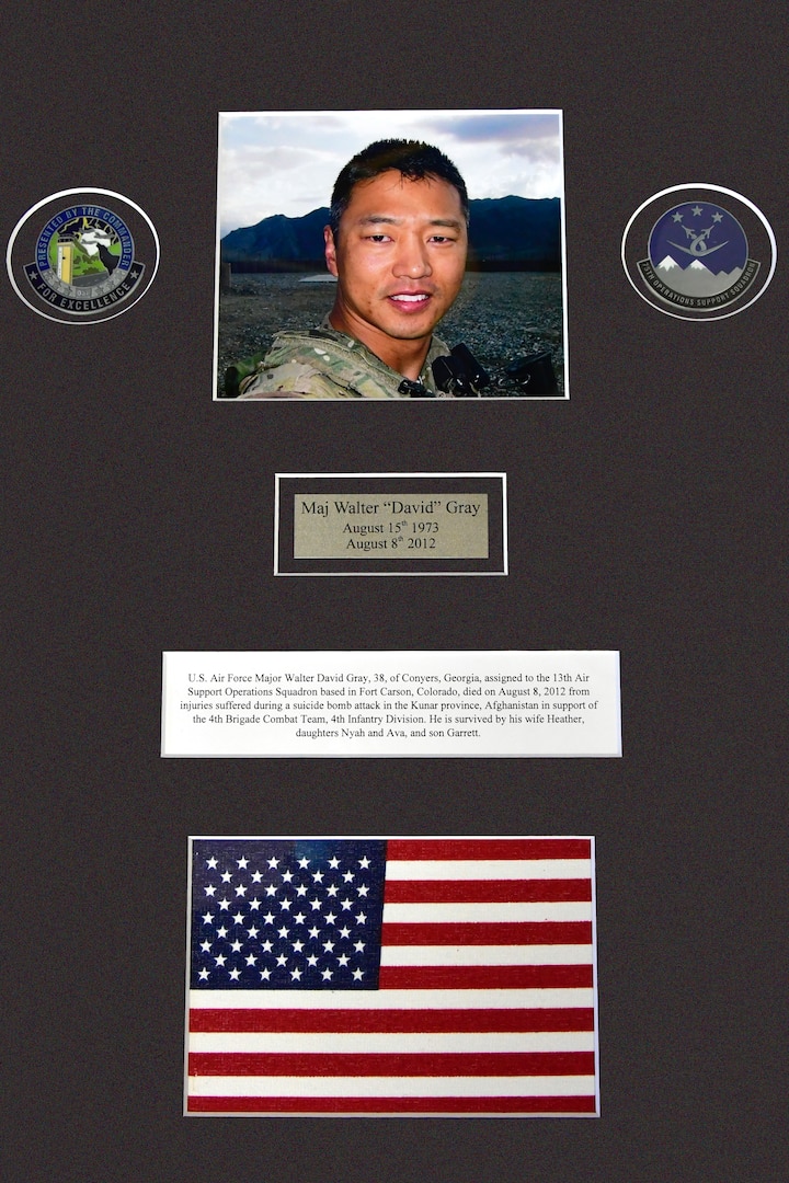 A memorial plaque for Maj. Walter “David” Gray March 3, 2021, Hill Air Force Base, Utah. The tribute will recognize Gray who lost his life in the service of our country while giving aid to fellow injured service members during the War in Afghanistan will be displayed in the 75th Operations Support Squadron Heritage Room. (U.S. Air Force photo by Todd Cromar)