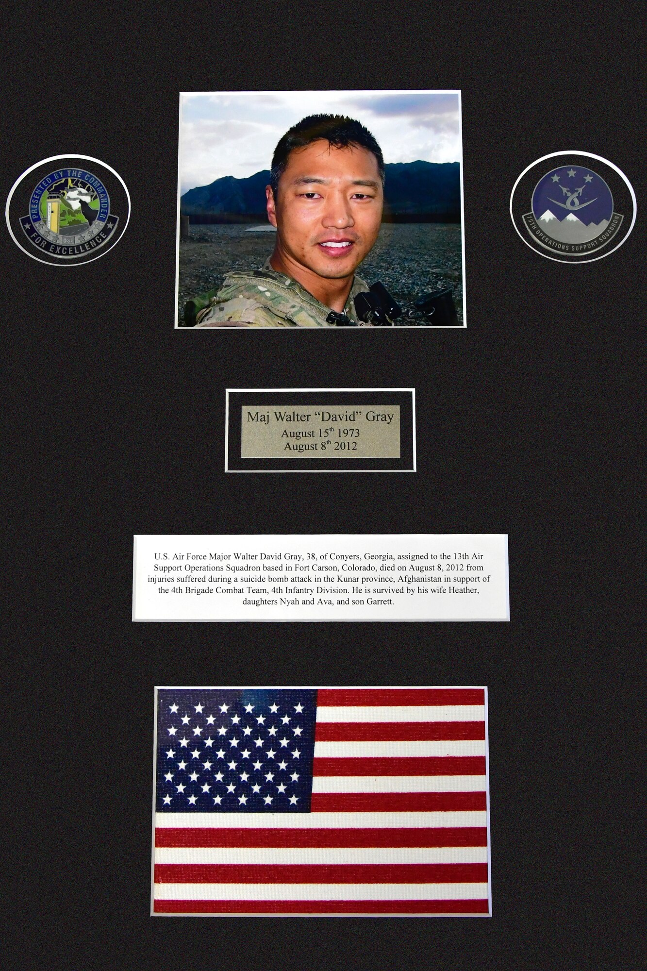 A memorial plaque for Maj. Walter “David” Gray March 3, 2021, Hill Air Force Base, Utah. The tribute will recognize Gray who lost his life in the service of our country while giving aid to fellow injured service members during the War in Afghanistan will be displayed in the 75th Operations Support Squadron Heritage Room. (U.S. Air Force photo by Todd Cromar)