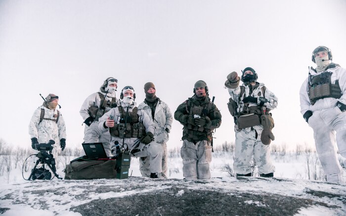 U.S. Marines with Marine Rotational Force Europe 21.1, Marine Forces Europe and Africa, and Norwegian Army Soldiers conduct a Joint Terminal Attack Controller training event in Setermoen, Norway, March 8, 2021.