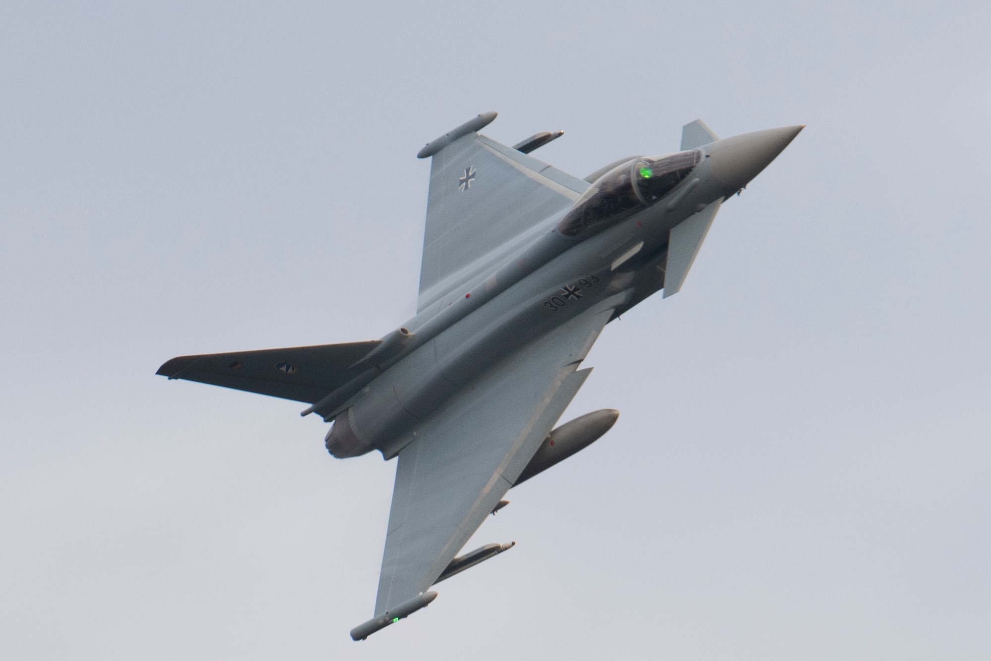 A German Eurofighter jet flys through German airspace.