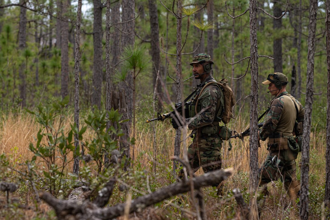 Dutch Marine Cpl. Axel Kuijer and Marine Class 1 Tom Duivenvoorde with 32nd Raiding Squadron search for tracks during Combat Tracking training on Camp Lejeune, N.C., March 13, 2021. Marines train to follow paths and signs left behind from persons of interest. Exercise Caribbean Urban Warrior is a bilateral training evolution designed to increase global interoperability between 2d Reconnaissance Battalion, 2d Marine Division and 32nd Raiding Squadron, Netherlands Marine Corps. (U.S. Marine Corps photo by Cpl. Armando Elizalde)