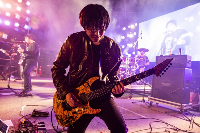 Kata Tanaka, the lead guitarist with Mattalica, a Metallica tribute band, performs during the 2021 Hansen Festival on Camp Hansen, Okinawa, Japan, March 13, 2021.