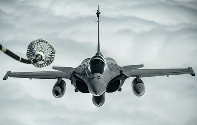 A U.S. Air Force KC-10 aircraft provides fuel to a French Air Force Rafale aircraft participating in Exercise Sky Shield II, March 3rd, 2021. Exercise Sky Shield II brought together members of the United States Air Force, Qatar Emiri Air Force and the French Air Force to demonstrate their enduring and resolute partnership, and to demonstrate the promise for future interoperability throughout the U.S. Central Command area of responsibility. (U.S. Air Force photo by Staff Sgt. Taylor Harrison)