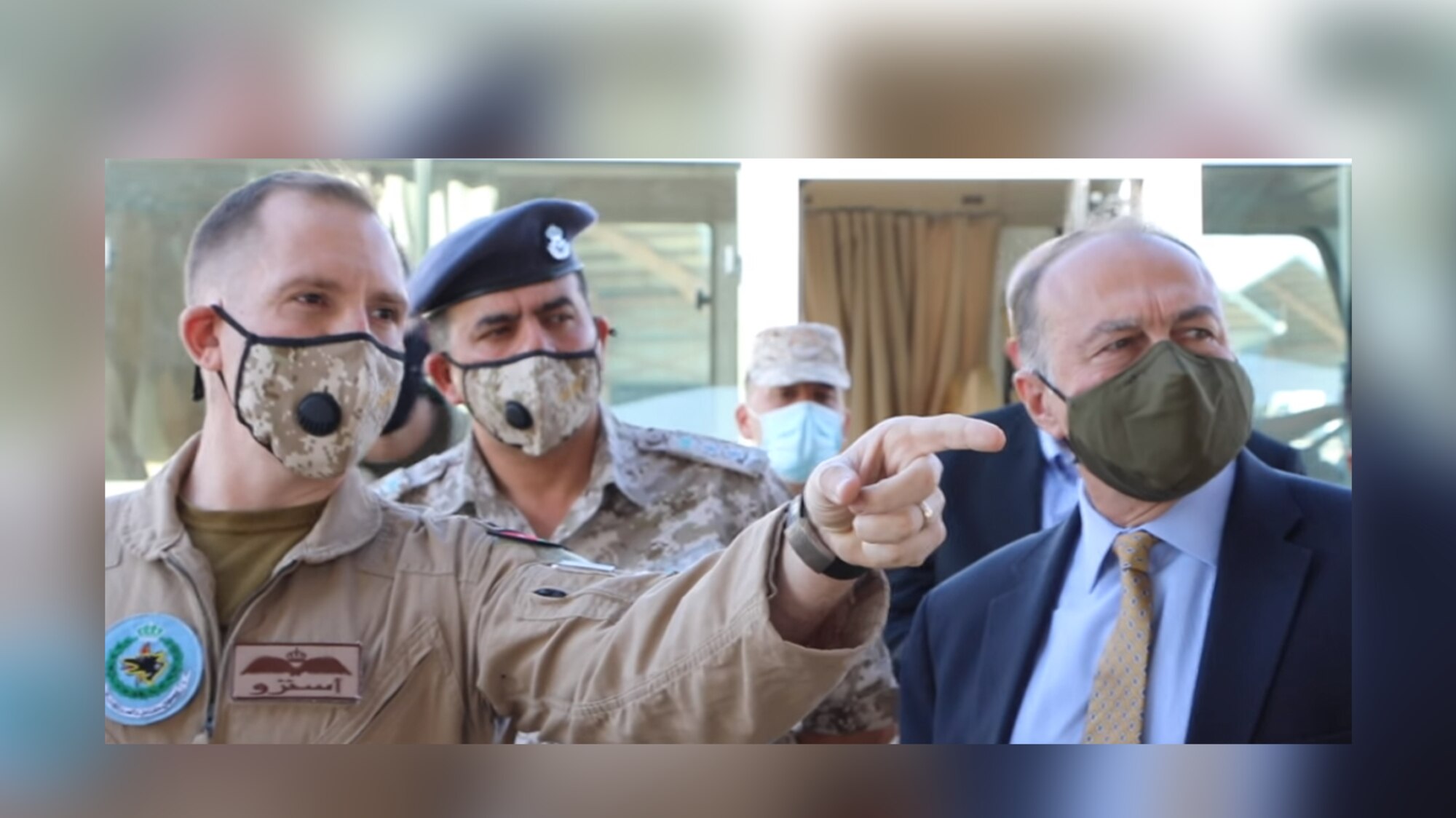 U.S. Air Force Capt. Wayne Mowery, briefs Ambassador of the United States to Jordan, Mr. Henry T. Wooster, during the Ambassador’s recent visit to Muwaffaq Salti Air Base; where Mowery is currently serving as an exchange pilot with the Royal Jordanian Air Force.